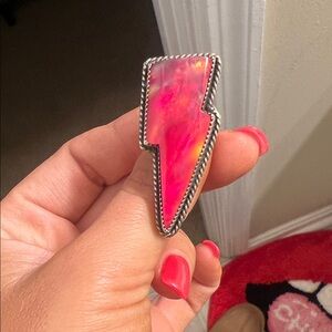 Silver Lightning Bolt Ring with Pink and Red Stone Size 6